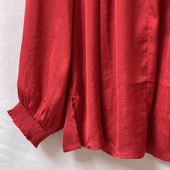 Lucky Brand Womens 3X Plus Blouse Top Red Satin V Neck Long Sleeves Tie Front - Picture 3 of 9